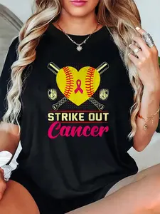100% Cotton Unisex Strike Out Breast Cancer Awareness Day Pink Ribbon Softball T-Shirt -Short Sleeve T-Shirt Women's Men's Graphic Tee Causal Tops