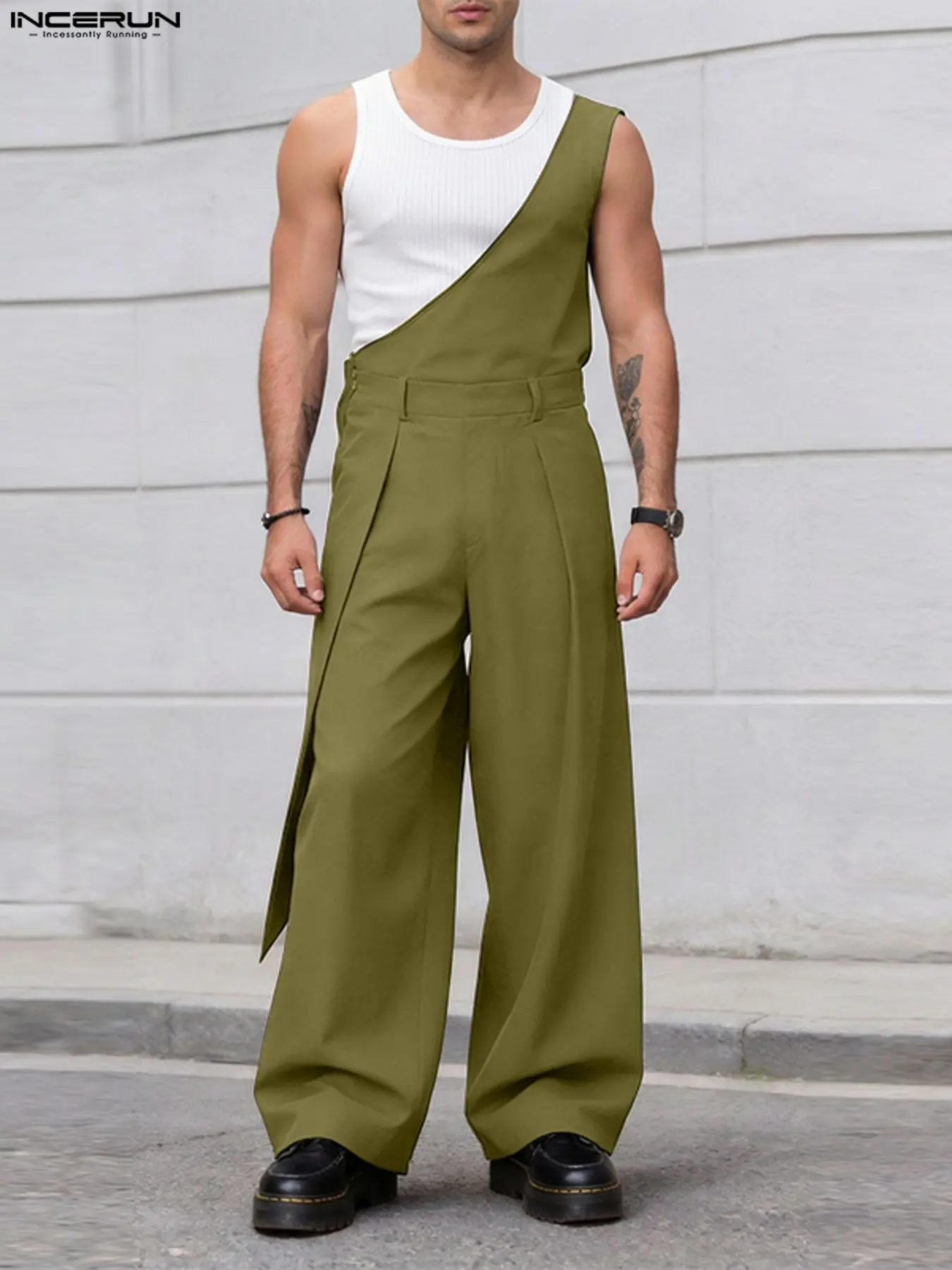 INCERUN Men's Street Fashion Single Shoulder Solid Color Long Wide Leg Bib Overalls Pants, Trendy Casual Wear, Comfortable and Stylish, Perfect for Daily Use, Menswear