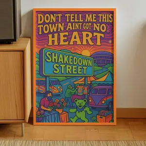 Grateful Dead "Shakedown Street" Art Print Psychedelic Dancing Bear Poster Retro VW Bus Market Scene Colorful Music Poster