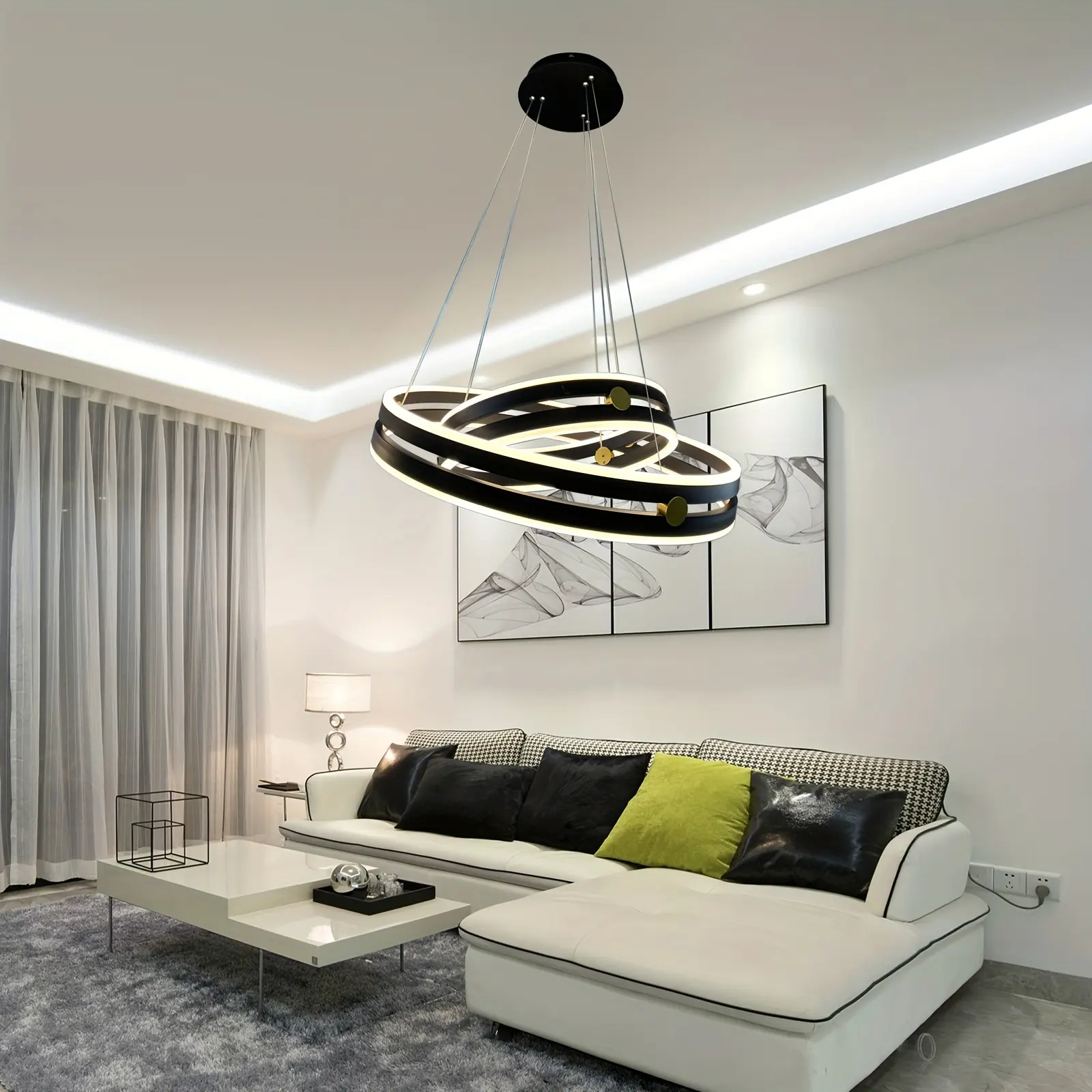 Black Ceiling LED Pendant Light - 2 Adjustable Acrylic Rings (15.7in + 23.6in), Remote Control, Dimmable for Dining Room, Living Room, Ceiling Led Light