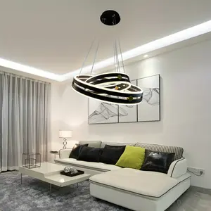 LED Acrylic 2 Ring Adjustable Pendant Light with Remote Control Dimmable for Dining Room Living Room Foyer Office (15.7 Inch + 23.6 Inch) - Black