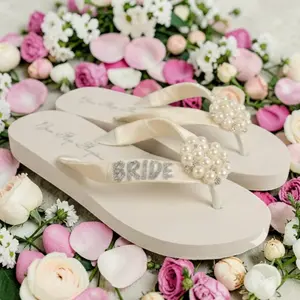 Custom Bridal Flip Flops - Personalized Bride Sandals with Pearls & Glitter - Ivory Wedding Reception Shoes