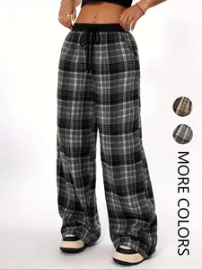 Women's Plaid Print Drawstring Waist Wide Leg Pants, Casual Streetwear Pants, Casual Comfy Pocket Trousers for Daily Wear, Ladies Bottoms for All Seasons