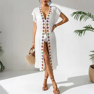 Colorful Geometric Embroidered Beach Cover Up Kimono