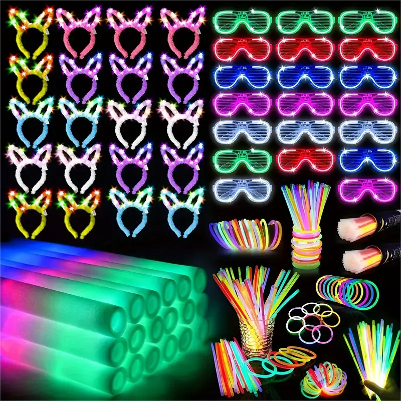 260pcs Multicolor Party Set Festive Lighted Supplies Kit - 20 Foam Sticks, LED Glasses, Rabbit Ear Headbands, 200 Glow Sticks for Weddings, Birthday Events, Party Gifts summerwins,