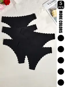 5 Pack Women's Seamless Thongs - Black Low Rise Scalloped Edge Smooth Nylon Spandex Blend No Show Underwear