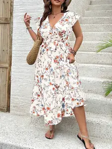 Plus Size Boho Bohemian Dress for Women, Womenswear, Floral Pattern, Fitted Casual Style, Lightweight Fabric, Perfect for Beach Vacation, Picnic, Town Stroll