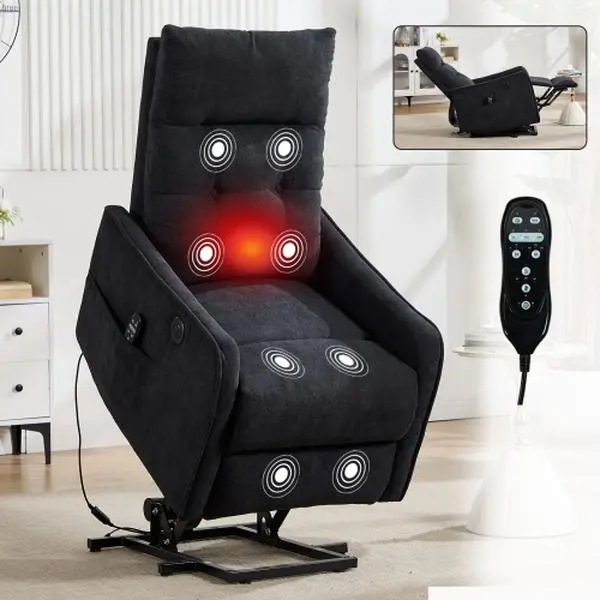 Small Power Lift Recliner for Elderly, Lift Chair Recliners with Heat and Massage, Electric Recliner Chairs for Seniors, Remote Control, Adjustable, Side Pocket (Black Chenille)