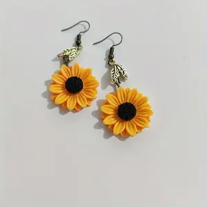 Zinc Alloy Bohemian Style Sunflower Drop Earrings with Metallic Leaf Accents, Hook Design, Weddings & Summer Events