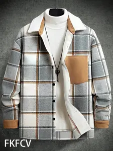 Men's Plaid Fleece Shirt Jacket, Long Sleeve Loose Fit, Casual Fall & Winter Outerwear Coats, Vintage Patchwork Design, Daily Wear