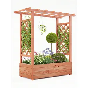Elevated Garden Bed With Trellis - Wooden Planter Box With Side Supports, Canopy, And 4 Drainage Holes – Perfect For Climbing Plants, Vines, And Blossoms, 43"X17"X45"