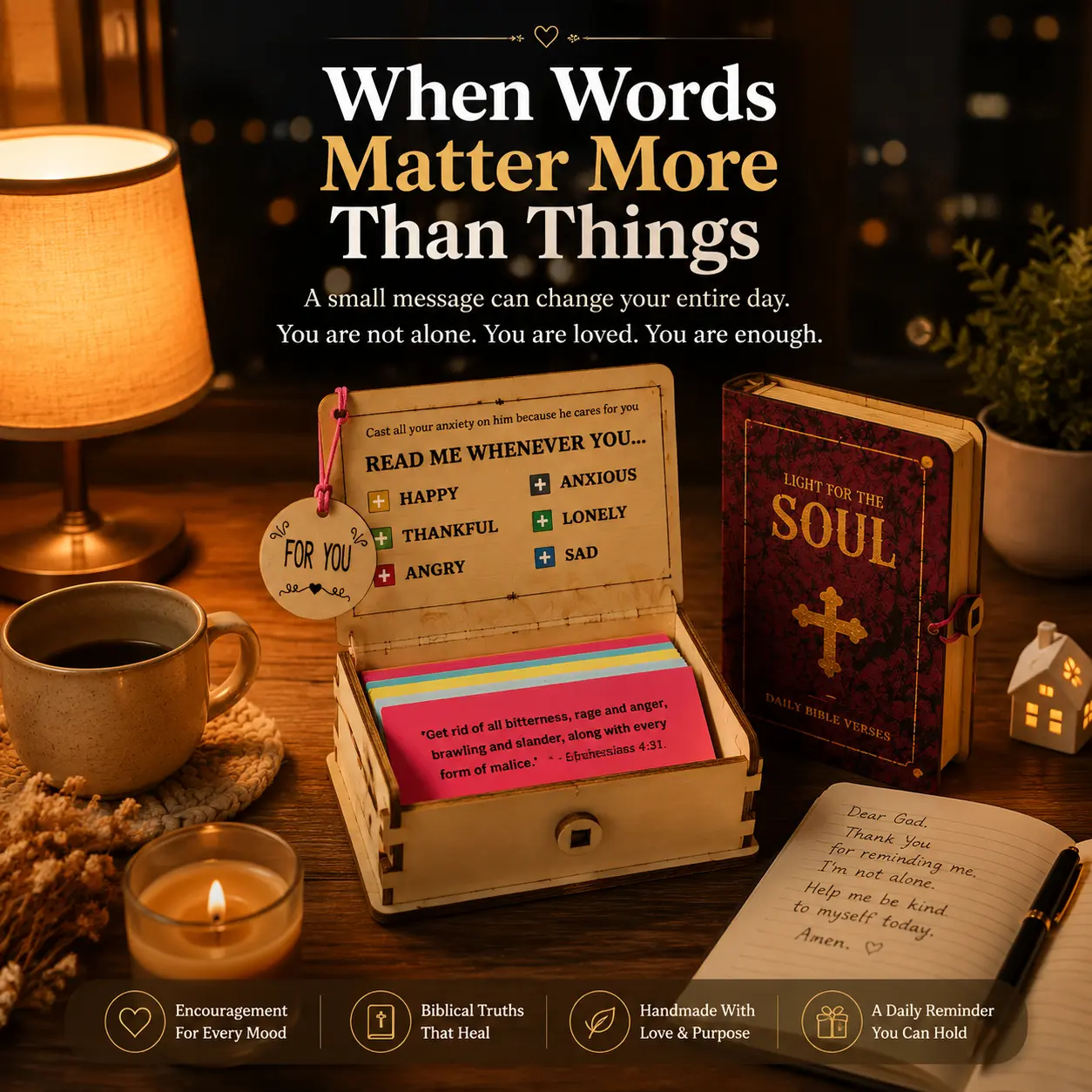 Emotional Self Care Wooden Gift Box Set - Daily Mood Reminder Cards, Home Decor, Themed Gift Box for Anxiety-Stress Relief, Relaxing Desk Decor for Home Supplies & Party Gifting