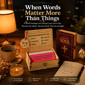 Emotional Self Care Wooden Box – Daily Mood Reminder Cards | Inspirational Desk Decor Gift for Anxiety, Stress Relief & Positivity