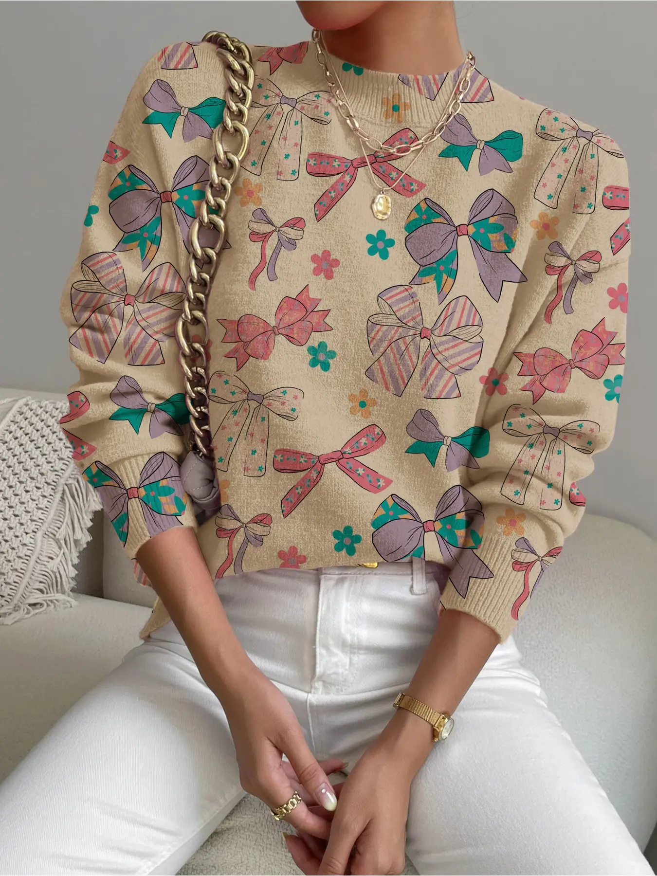 Women's Bow Floral Print Stand Collar Sweater, Casual Fitted Long Sleeve Knitwear for Fall Winter, Comfortable Warm Daily Wear