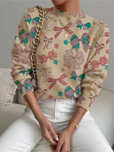 Women's Bow Floral Print Stand Collar Sweater, Casual Fitted Long Sleeve Knitwear for Fall Winter, Comfortable Warm Daily Wear