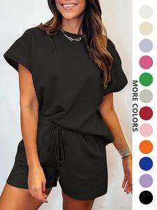 two-piece set women's solid textured batwing sleeve t-shirt & drawstring waist shorts set, casual round neck short sleeve top & pocket design shorts for everyday summer, ladies clothes for daily wear, soft womenswear