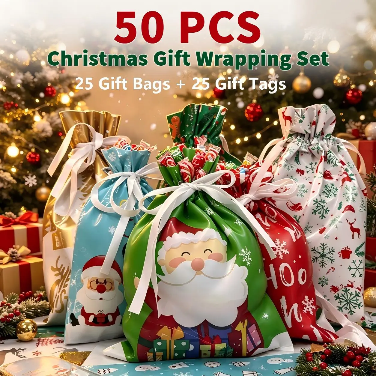 Christmas Gift Bags, 25 Gift Bags + 25 Gift Tags, 50 PCS Set, Drawstring Gift Bags in 2 Sizes, Santa & Snowflake Christmas Wrapping Bags, Goodie Bags & Party Favor Bags for Kids