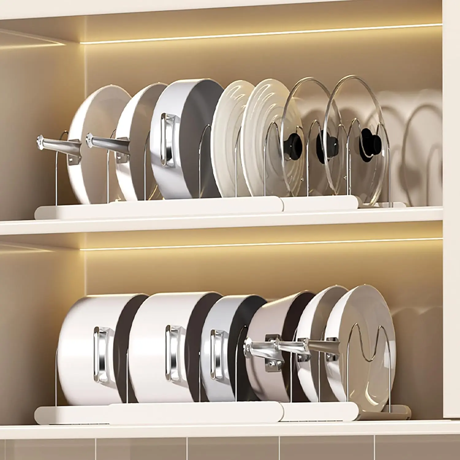 Pots and Pans Organizer Under Cabinet 7 Adjustable Compartment Expandable Pot Lid Holder for Kitchen Cookware, Bakeware, Lid, Dishes, Cutting Boards,Apricot 2PCS