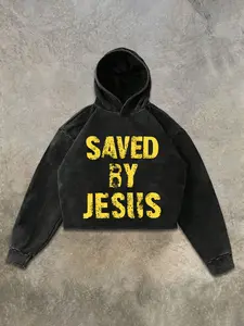 Men's Short Hooded Sweatshirt, Pullover, Heavyweight Cotton Washed, Religious Prayer Graphic Print, Oversized Drop Shoulder, Street Style, Streetwear, Fall Winter Wear