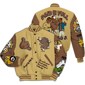 Cacao Wow 4s - Everybody Paid In Full Graphic All Over Print Jacket, Baseball Varsity Jacket, Sporty Streetwear Look, Everyday Casual Jacket