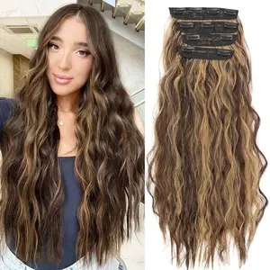 Clip-In Hair Extensions 4-Piece Set European & American Style Seamless Natural Look Long Wavy Brown Highlights