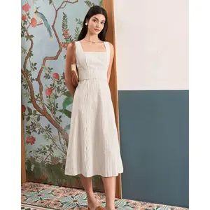 The White Square Neck Striped Midi Dress