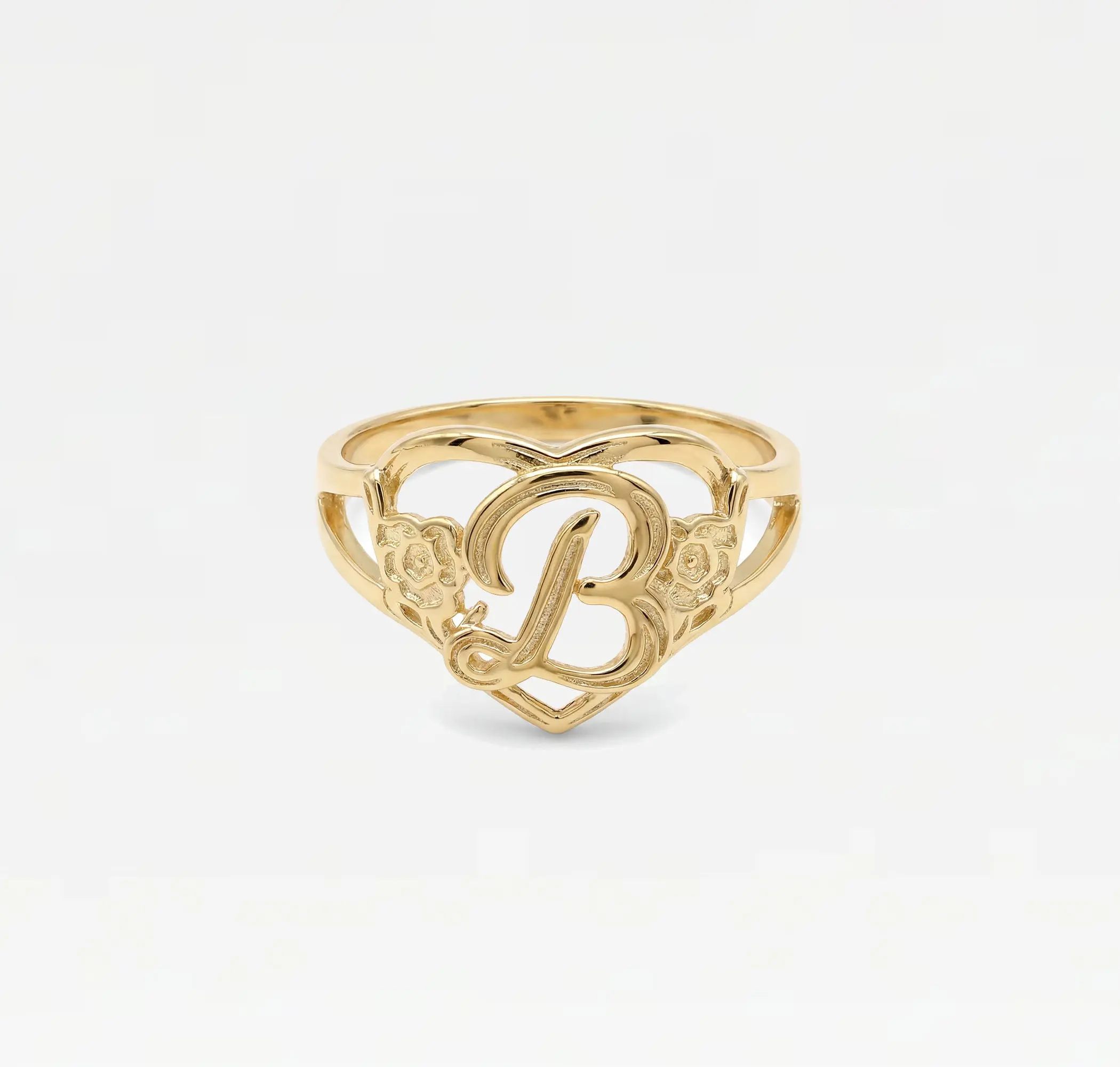 THE GOLD CUTOUT FLOWER HEART LETTER RING