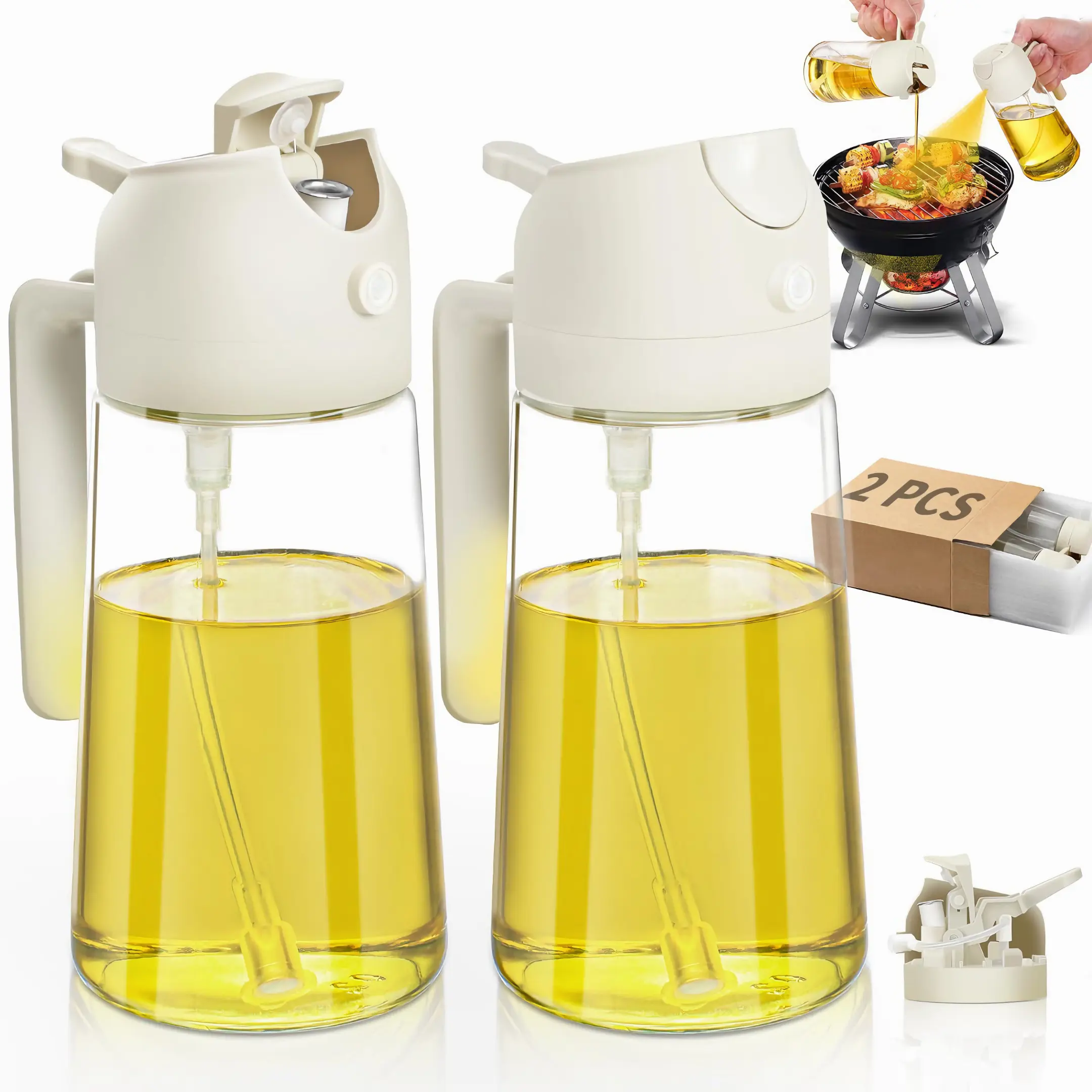 2-Piece Kitchenware Olive Oil Sprayer & 470ml Cooking Oil Container - Glass Spray Bottle Utensil for Kitchen, Air Fryer
