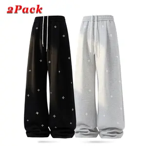 2-Pack Men’s Casual Sports Basketball Pants – Street Style, Cross Pattern, Loose Straight Wide-Leg Long Pants