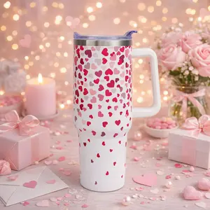 Valentine Heart Pattern 40oz Stainless Steel Tumbler With Handle Pink Insulated Travel Mug Cute Romantic Gift for Her Wife Girlfriend Couples