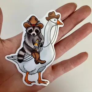 Cowboy Raccoon On A Goose With A Beer | Funny Raccoon sticker, Laptop Water Bottle Decal Sticker