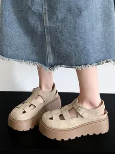 Women's Closed Toe Roma Sandals, Summer New Fashion Crochet Flat Thick Sole Buckle Shoes, Trendy Casual Platform Footwear