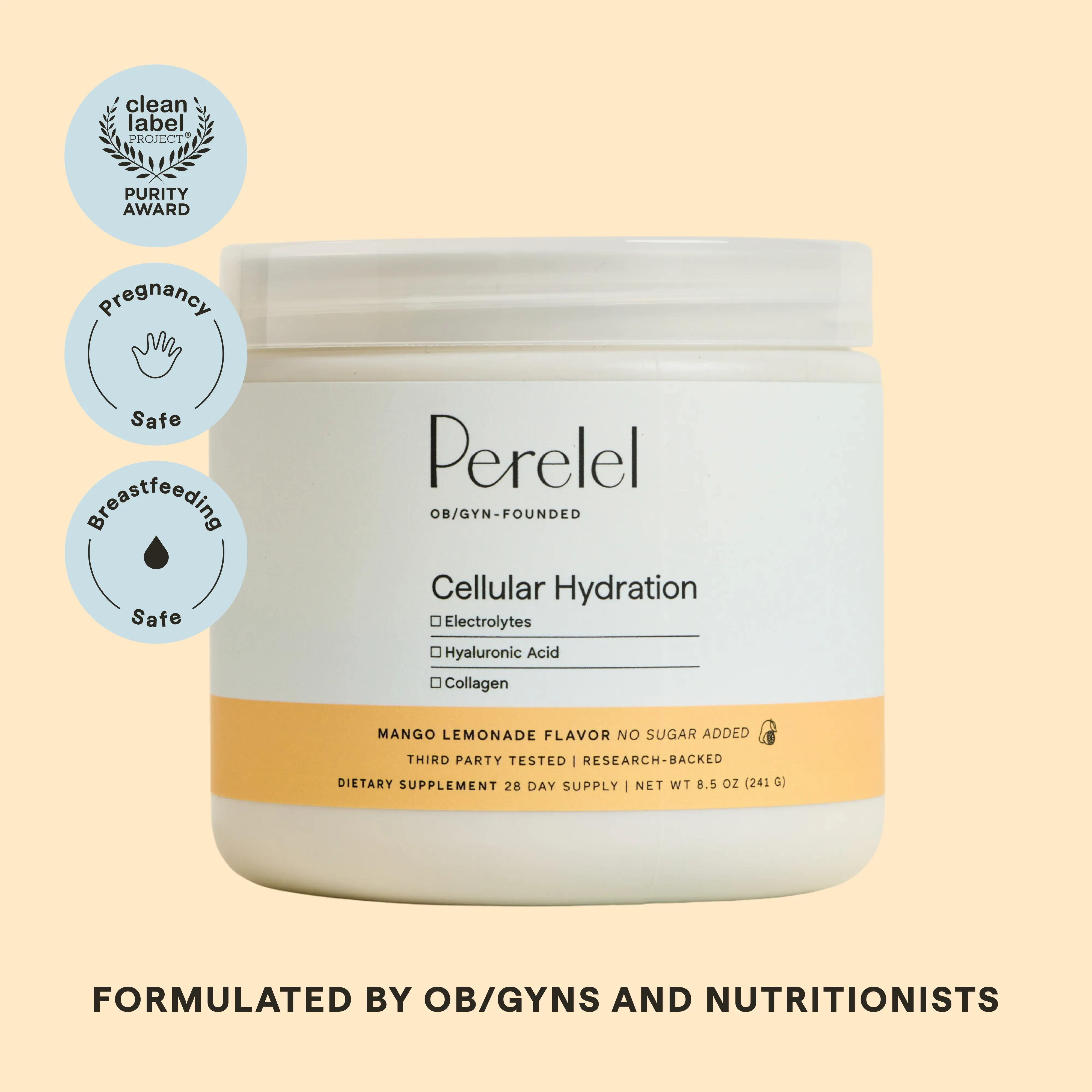 Perelel Cellular Hydration Powder – Electrolyte Powder with Collagen & Hyaluronic Acid, No Sugar Added – Mango Lemonade – Formulated by OB/GYNs and nutritionists