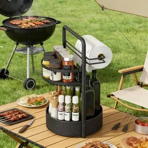 Rotating Spice Rack with Paper Towel Holder, 2 Tier Lazy Susan for Spices, Sturdy Iron Seasoning Organizer for Kitchen Countertop, Black
