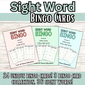 BUNDLE Sight Word Bingo- Versions 1-3- 8 cards of sight words, 12 sight words. Preschool, toddlers, kindergarten