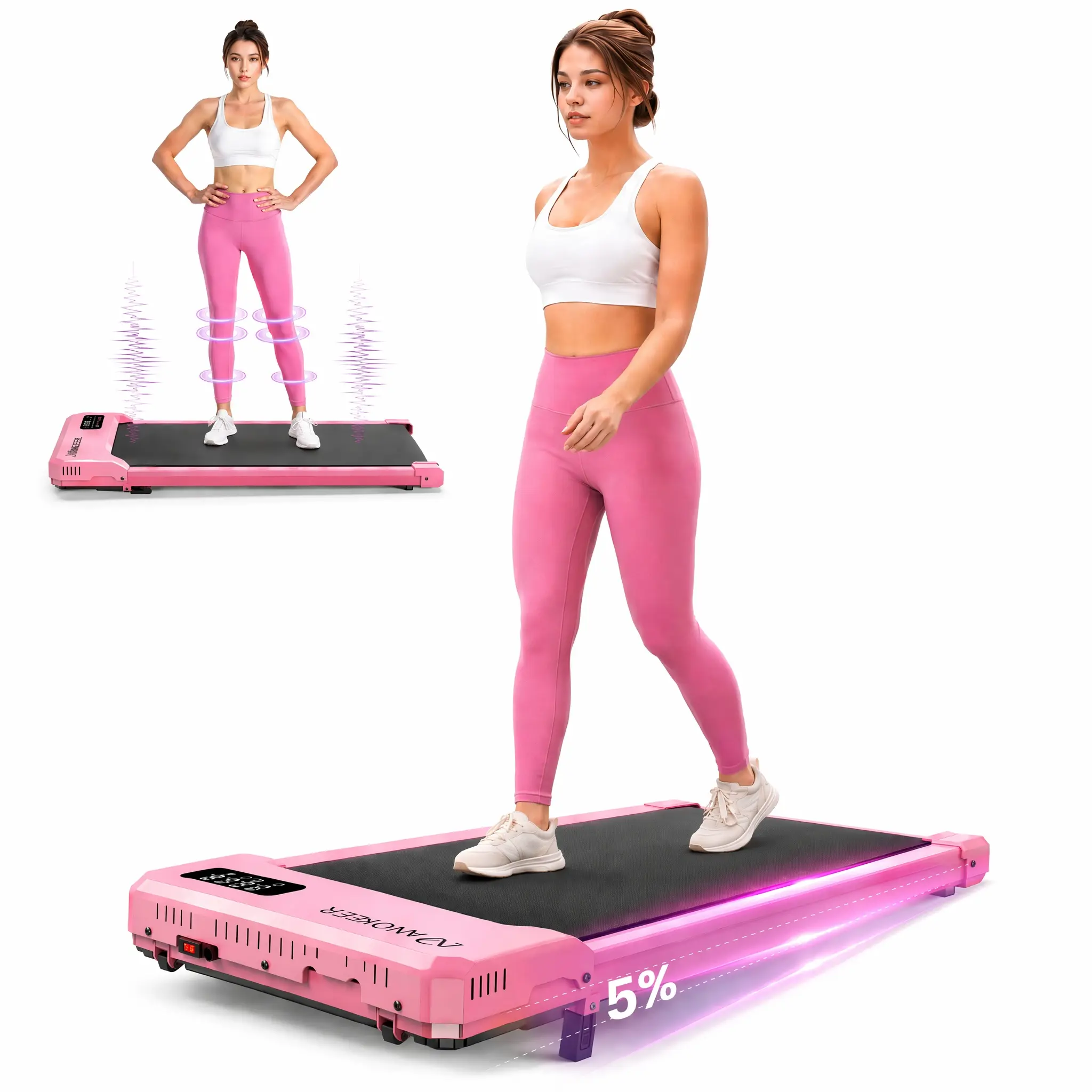 Pink Walking Pad with Incline - Under Desk Treadmill with Vibration Plate, 2.5HP Portable Treadmills for Home Small Spaces, Office, Compact Running Machine with Remote Control & LED Display