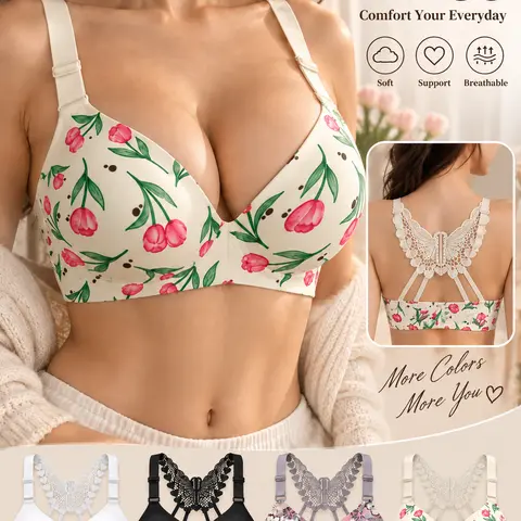 Fairytredl Women's 4-Pack Wireless Lady Bras - Lacy Everyday Bras, Butterfly Lace Back, Seamless Fabric, Full Coverage, Comfort & Support
