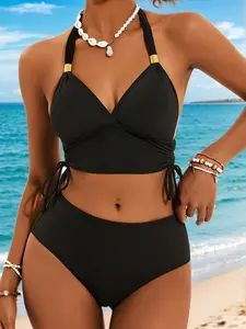 Fashion Luxe Metal Buckle Halter Bikini Set, Sexy V-Neck Split Tie Swimwear, Summer Beach Vacation, Elegant Women's Swimsuit