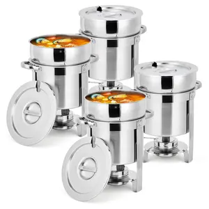 GARVEE 11QT Commercial-Grade Soup Chafer Set of 4 - Stainless Steel Round Food Warmers with Pots, Notched Lids, and Fuel Holders for Large Banquet Service and Buffet Catering