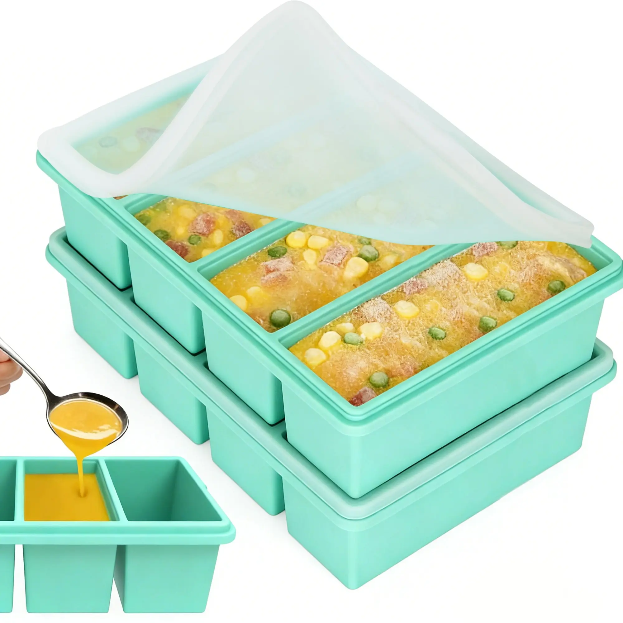 Silicone Freezer Trays with Lids, 1-Cup Soup Container Style Ice Cube Trays for Freezer - Kitchen Food Storage, Leakproof, Dishwasher,Oven Safe, Stackable, Ideal for Frozen Broth, Leftovers & Meal Prep, BPA Free, Meal Prep Containers