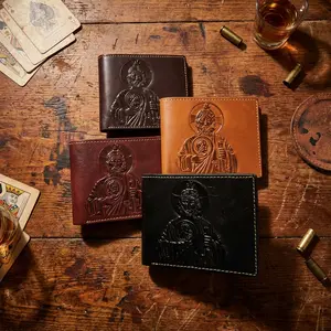 Western Stakes Leather Wallet Minimalist Cowboy Embossed St Jude Premium Full-Grain Leather Slim Bifold with Secure Card Slots for Cowboys