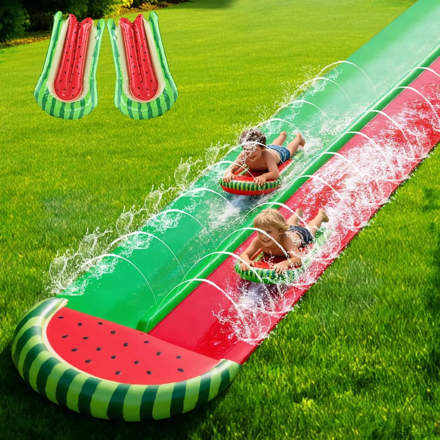 22.5FT Extra Long Double Inflatable Water Slip and Slide, Watermelon Design Thickened PVC Slide with Sprinklers & Crash Pad for Kids, Summer Outdoor Backyard Lawn Party