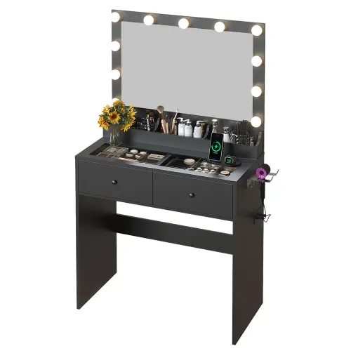 Ktaxon Vanity Table with RGB Lights & 3-Tone Dimmable Bulbs - Glass Top Dresser with 3 Drawers, 2 Glass Doors & 2 Side Shelves | Built-in Power Strip, Hair Dryer Holder Ktaxon Vanity Table with RGB Lights & 3-Tone Dimmable Bulbs - Glass Top Dresser with 3 Drawers, 2 Glass Doors & 2 Side Shelves | Built-in Power Strip, Hair Dryer Holder