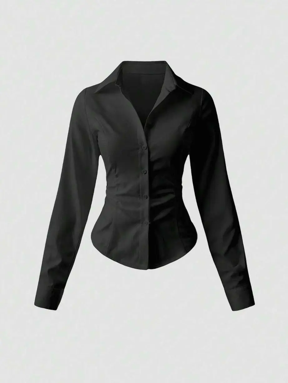 Versatile Solid Color Waist Shirt, Minimalist Button-Down Casual Top For Commuter Workwear
