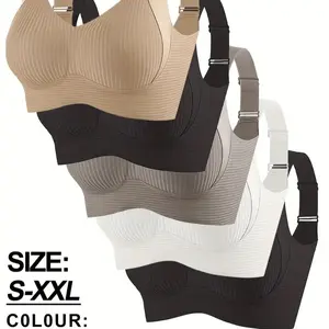 5pcs Women's Seamless Striped Wireless Bra Set - Soft,Breathable, High Support, No Underwire, Back Closure forComfort & Support, Solid Color Design for Everyday Use,Comfortable Undergarment, Back Closure Bra, No UnderwireBra