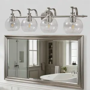 Brushed Nickel Vanity Lights for Bathroom, 4 Light Vanity Light Brushed Nickel, Farmhouse Vanity Lighting Fixtures, 30.5 Inch Modern Silver Wall Sconce, E26 Base Bulbs Required, UL Certified
