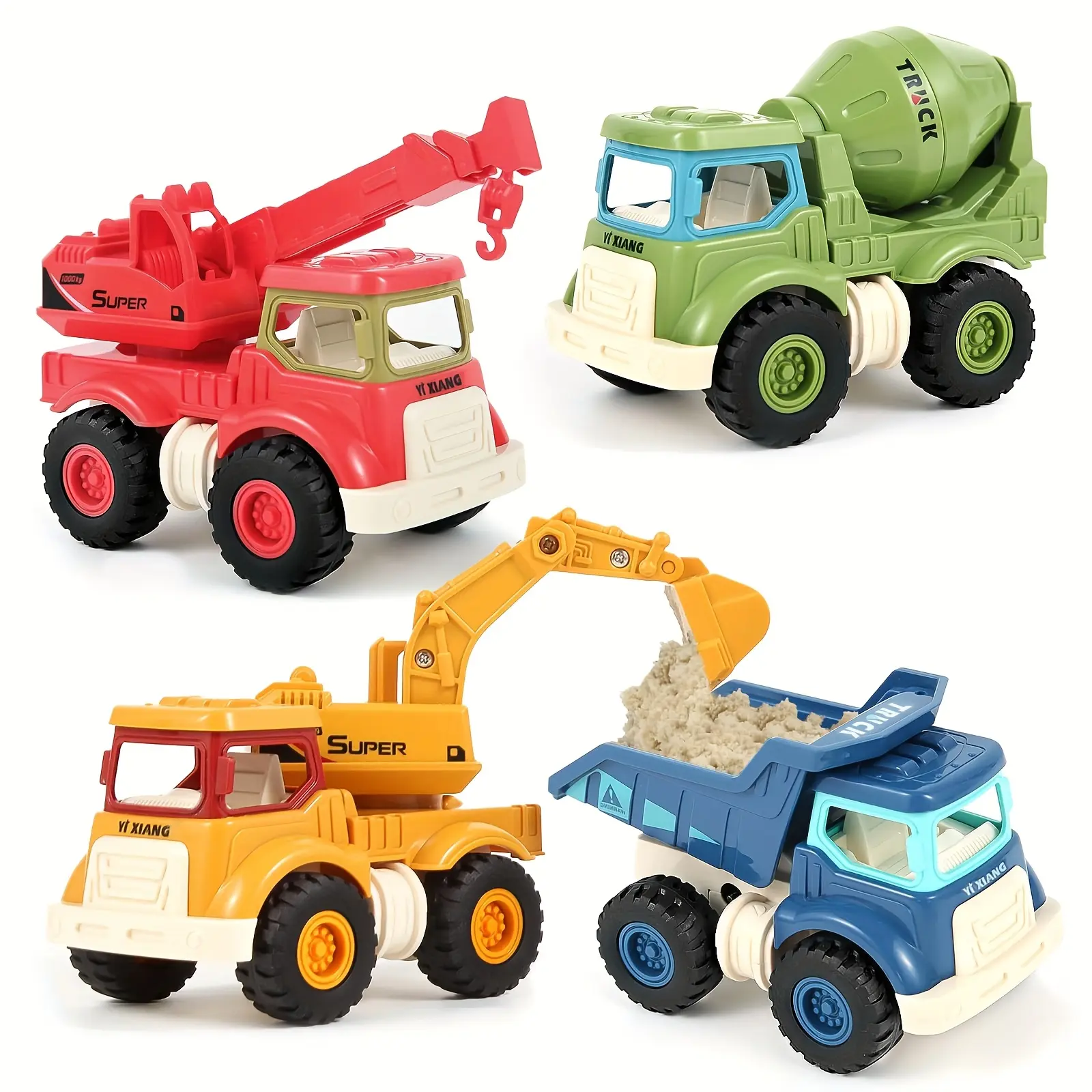 Set of 4 Construction Toys Suitable for Children Aged 3 to 5, Including a Sandbox Excavator, Construction Truck, Dump Truck, And Cement Mixer, Perfect for Christmas Or Birthday Presents