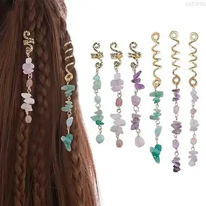 Colorful Natural Stone Hair Pendant Bohemian Crystal Dreadlock Braid Accessories Stylish Women Hair Jewelry Elegant Hair Decor Ornaments for Daily Party Hairstyle 6Pcs Pack