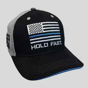 HOLD FAST Men's Structured Mid-Rise Cap, Cotton-Mesh Fabric, 1 Size Fits Most, Thin Blue Line Design, Snap Closure