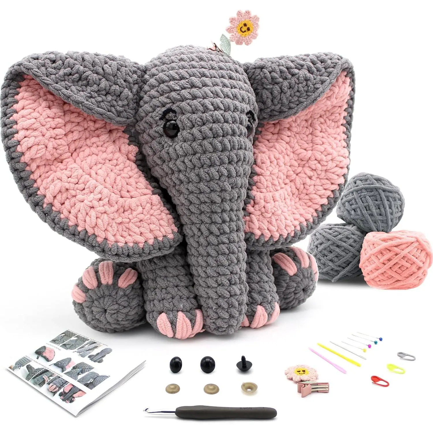 Crochet Kit,13in Crochet  Kit Elephant,Crochet Starter Kit  for Adults  with Yarn Sets,Amigurumi Crochet Kits with Step-by-Step Video Tutorials